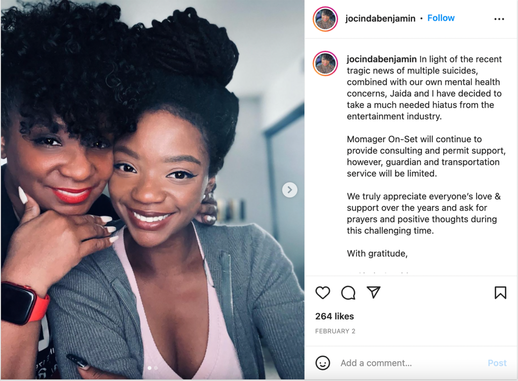 Na początku tego miesiąca Jocinda opublikowała odkrywczą wiadomość na Instagramie, w której szczegółowo opisała zamiar Jaidy, by zrobić sobie przerwę od rozrywki.