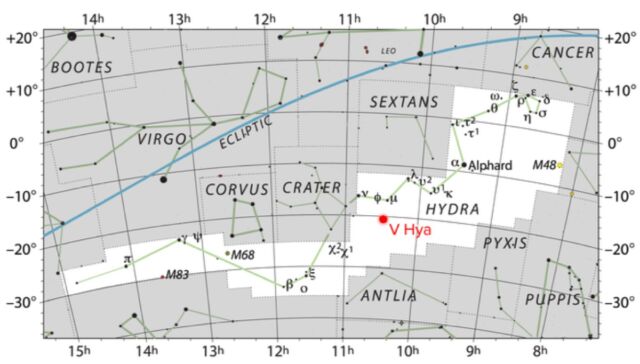 V Hydrae to bogata w węgiel gwiazda położona 1300 lat świetlnych od nas w konstelacji Hydry.