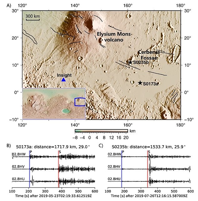 Naukowcy z Australian National University dokonali swojego odkrycia po przejrzeniu danych z sondy NASA Mars Insight.  Na zdjęciu miejsce lądowania Insight i przebiegi dwóch trzęsień ziemi na Marsie
