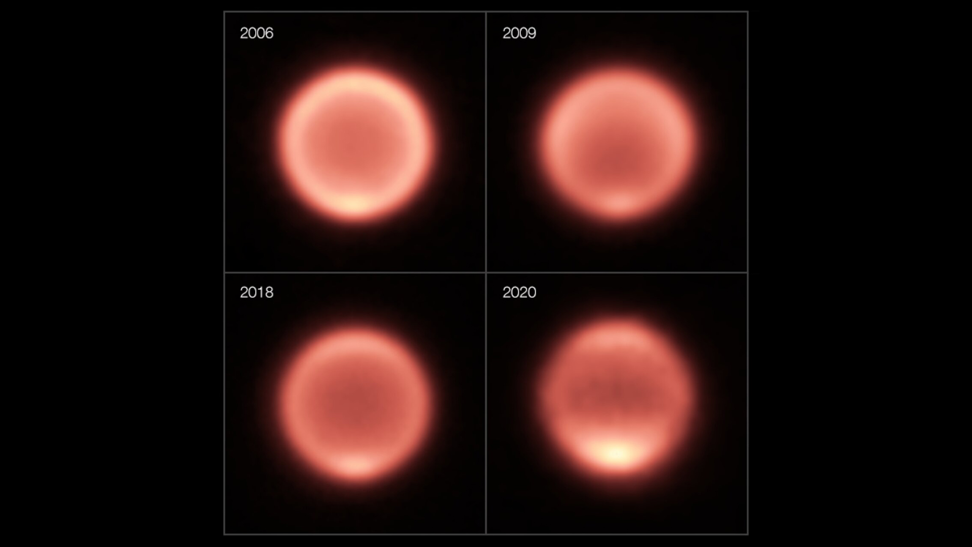 Ta kompozycja przedstawia obrazy termiczne Neptuna wykonane w latach 2006-2020.