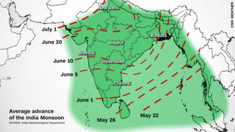 Ta grafika pokazuje, kiedy zwykle zaczyna się pora monsunowa w Indiach.