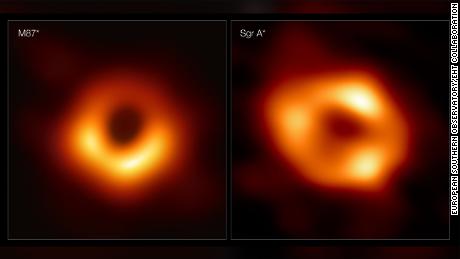 Panele te pokazują dwa pierwsze obrazy czarnej dziury.  Po lewej stronie znajduje się M87*, a po prawej łuk A*.