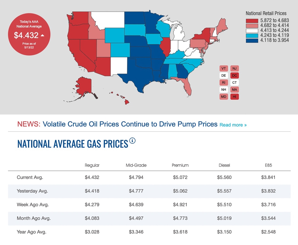 Mapa pokazująca rosnące ceny gazu w Stanach Zjednoczonych.