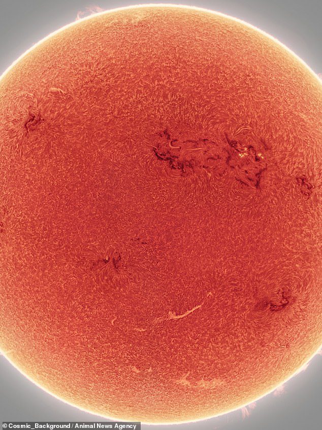 Obraz ujmuje ciemne plamy, zwane obszarami aktywnymi, na powierzchni Słońca, a także jasne plamy słoneczne wybuchające z kuli ognia.