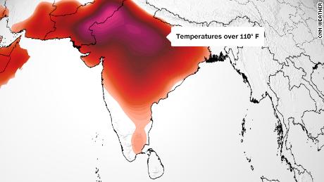 Mapa prognoz pokazuje, że większość Indii wytrzyma wysokie temperatury w piątek: ponad 32°C/90°F (w odcieniach pomarańczy);  Ponad 38 ° C/100 ° F (na czerwono);  lub powyżej 43°C/11°F (różowy).