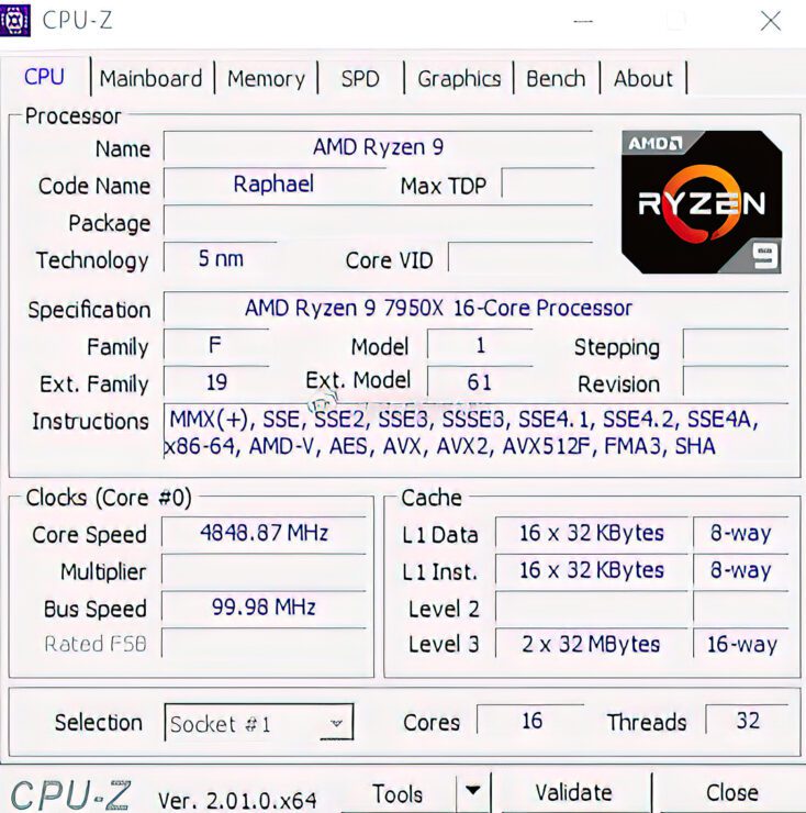 Domniemany zrzut ekranu AMD Ryzen 9 7950X CPU-z.  (Napisy obrazkowe: HXL)