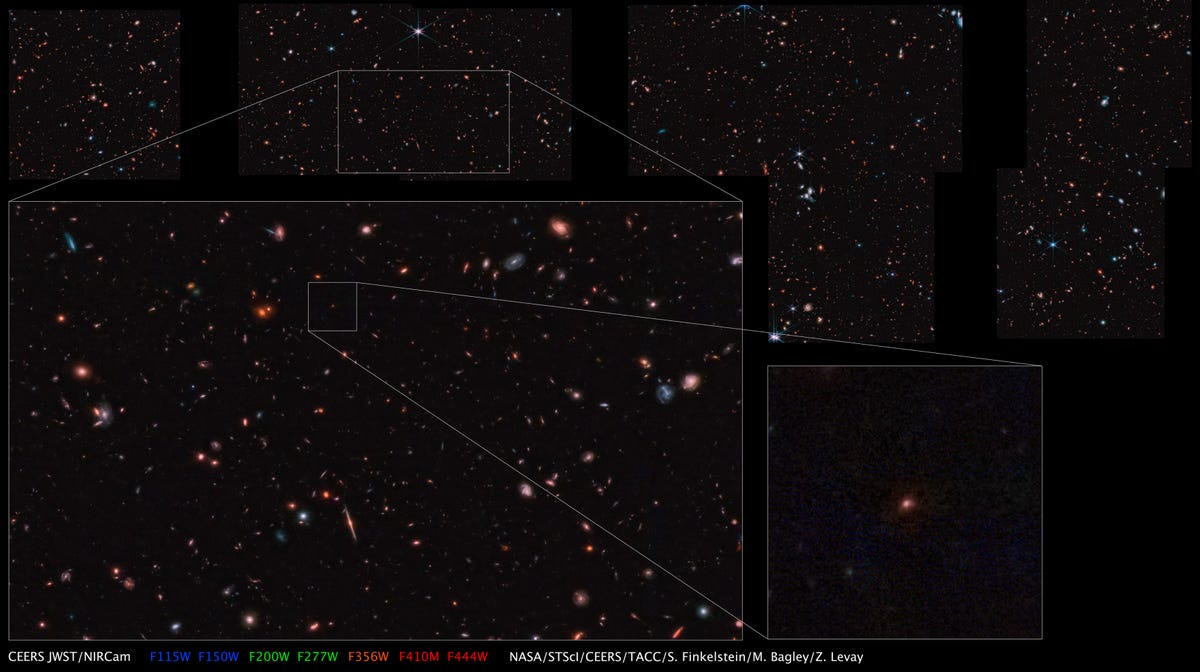 Ciemne tło kosmosu pokazuje różne kąty galaktyki Maisie.  Najbliższa kopia obrazu znajduje się w lewym dolnym rogu i przedstawia czerwonawą plamę światła.