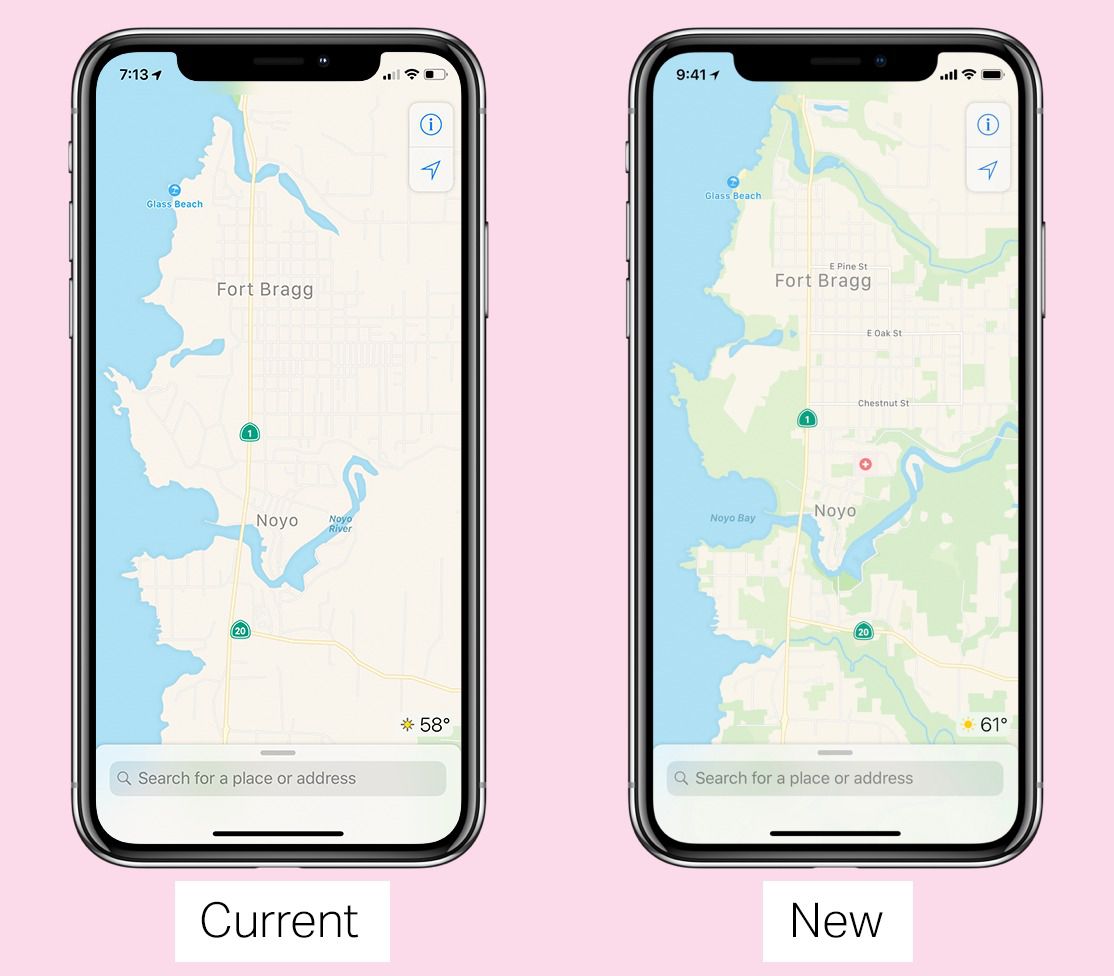 Zrzuty ekranu na moim iPhonie porównujące stary projekt Apple Maps z nowym, który ma o wiele więcej szczegółów.
