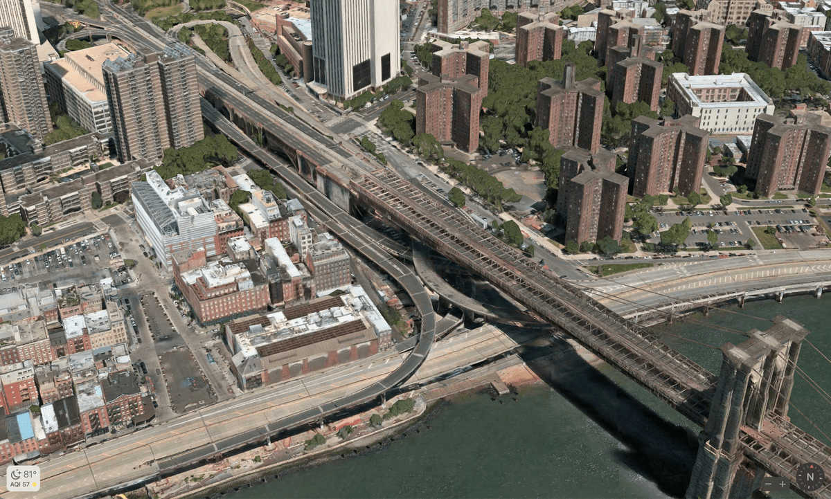 Most Brookliński i część Nowego Jorku zgodnie z mapami Apple Maps.