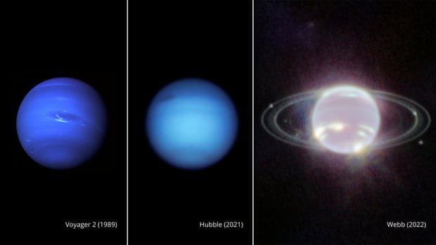Obok siebie zdjęcia Neptuna zrobione przez sondę Voyager 2 w 1989 roku, Hubble'a w 2021 roku i Webba w 2022 roku.