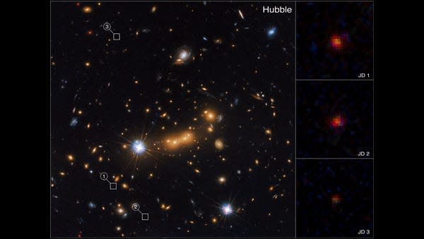 gif porównujący zdjęcia Hubble'a i jwst tej samej gromady galaktyk, wyświetlającej za nią nowe galaktyki