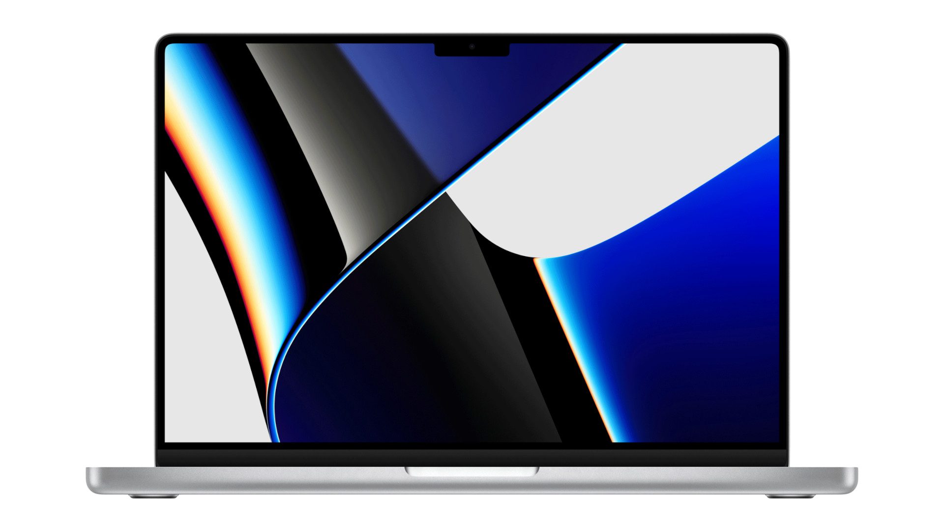 14-calowy MacBook Pro (2021) na białym tle z abstrakcyjnym niebieskim tłem pulpitu