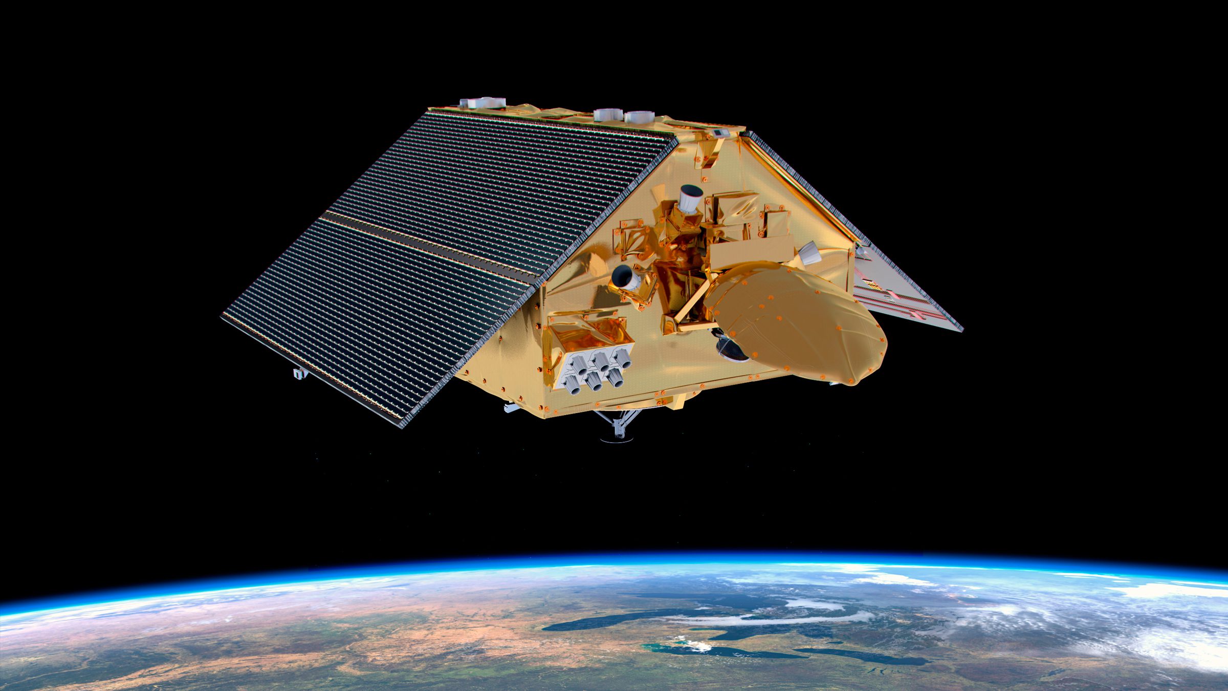 Na tej ilustracji satelita Sentinel-6 Michael Freilich mierzy wysokość oceanu z kosmosu.