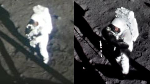 Oryginalny materiał filmowy 16 mm wyprodukowany przez NASA przedstawiający Armstronga na dachu (po lewej) i odrestaurowaną kopię Saundersa (po prawej).